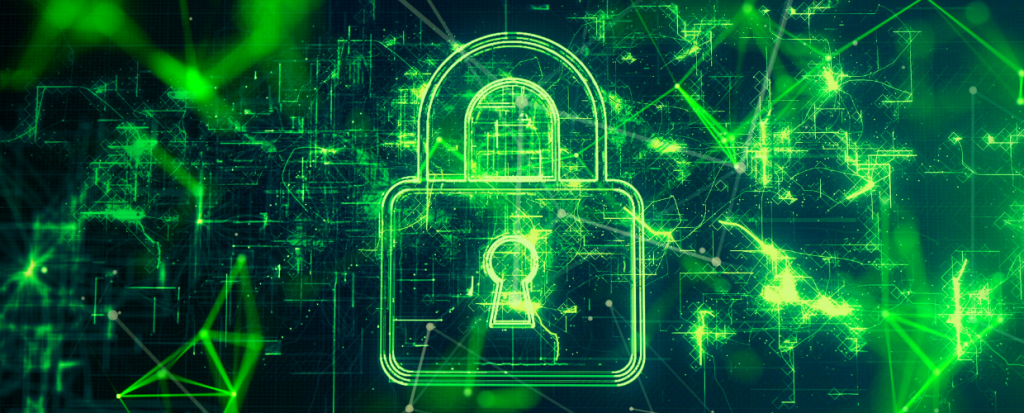 Digital security image with data points and locked icon 3-dimensional